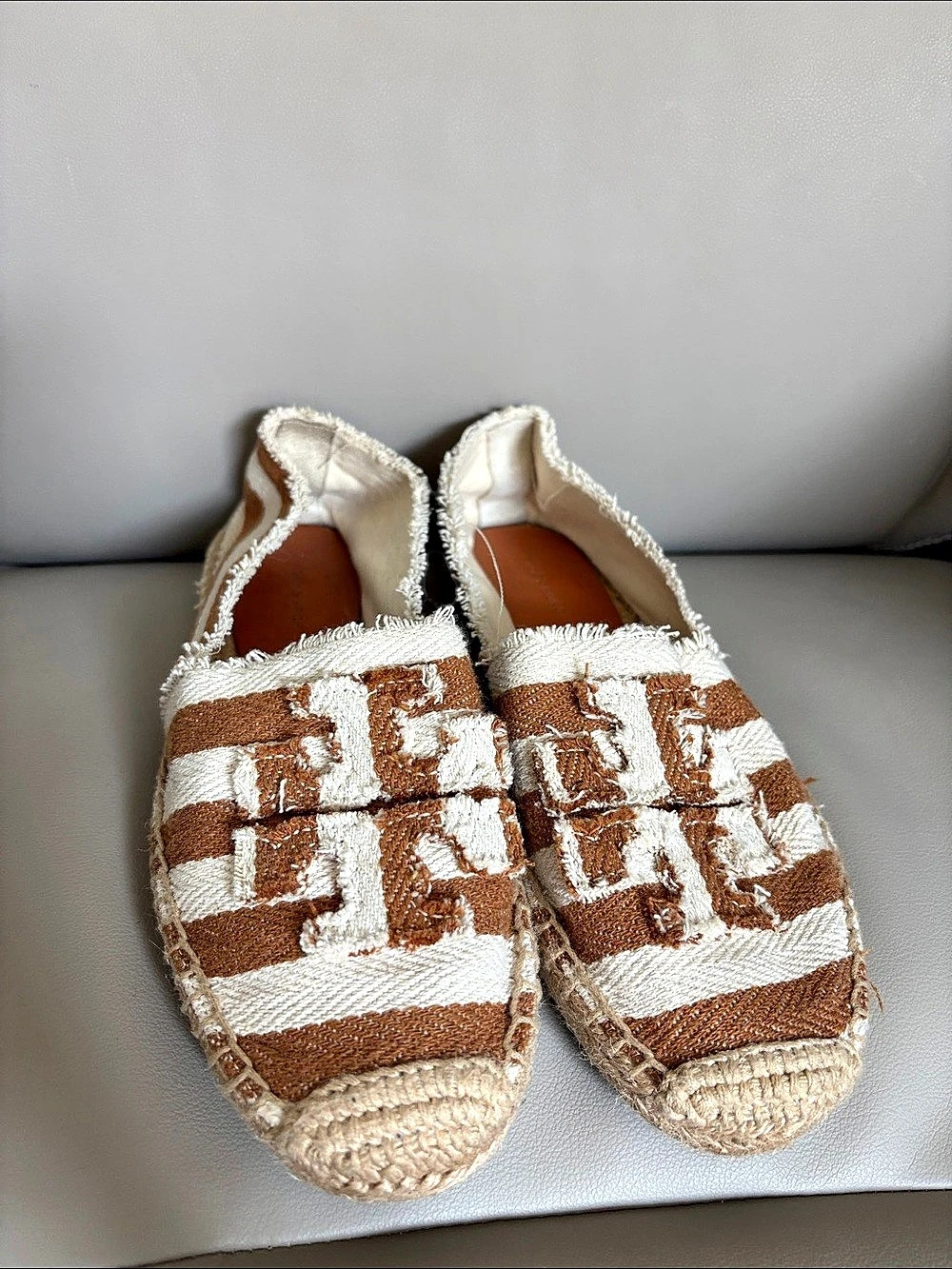 Tory Burch Fray Stripe Espadrille Flat Striped Espadrille Flats in Brown & White